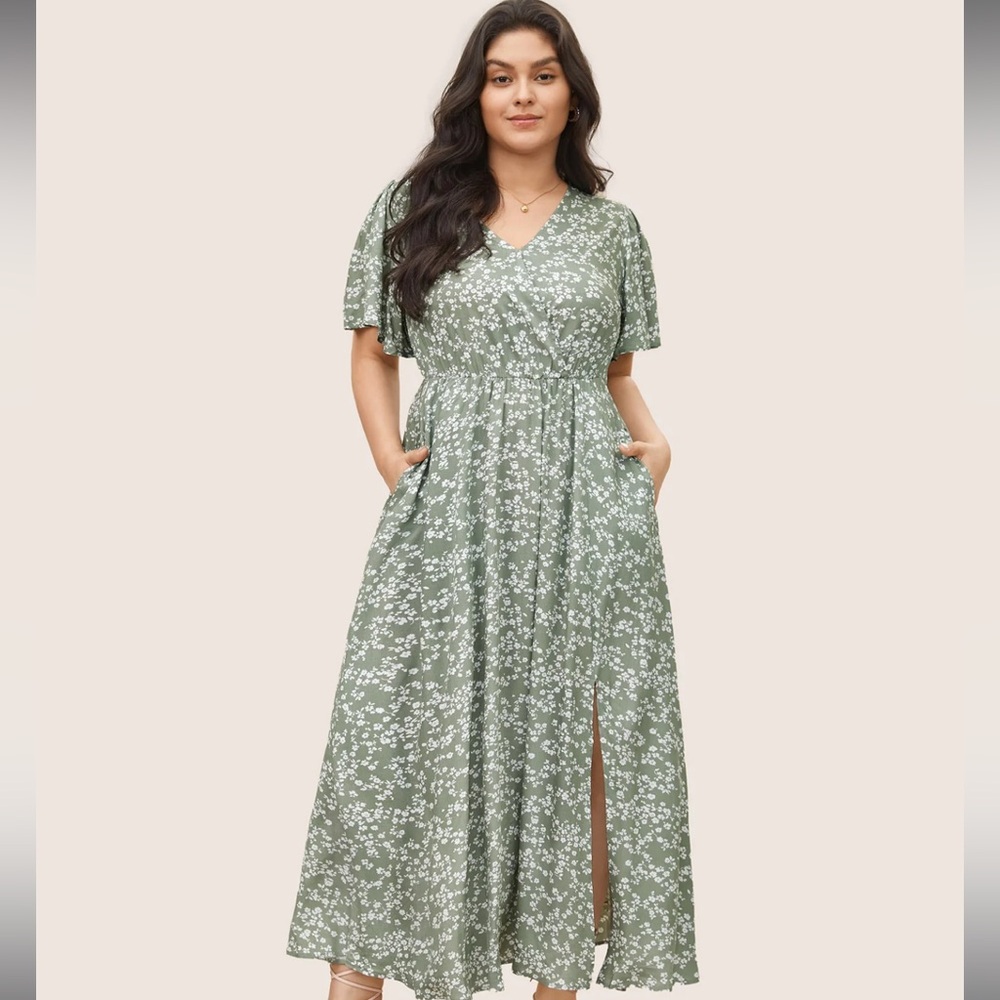 Bloom Dress - Flutter Sleeve Ditsy Floral Pocket Split Maxi Dress
